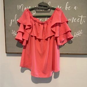 Plush Off-Shoulder Ruffled Salmon Blouse